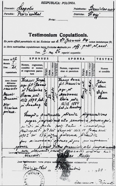Heirat am 21.01.1902 in Felizienthal, Josef Kraus und Anna Kraus