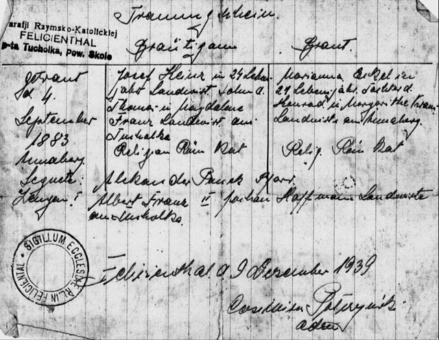 Heirat am 04.09.1883 in Annaberg, Josef Kainz und Marianne Eckel
